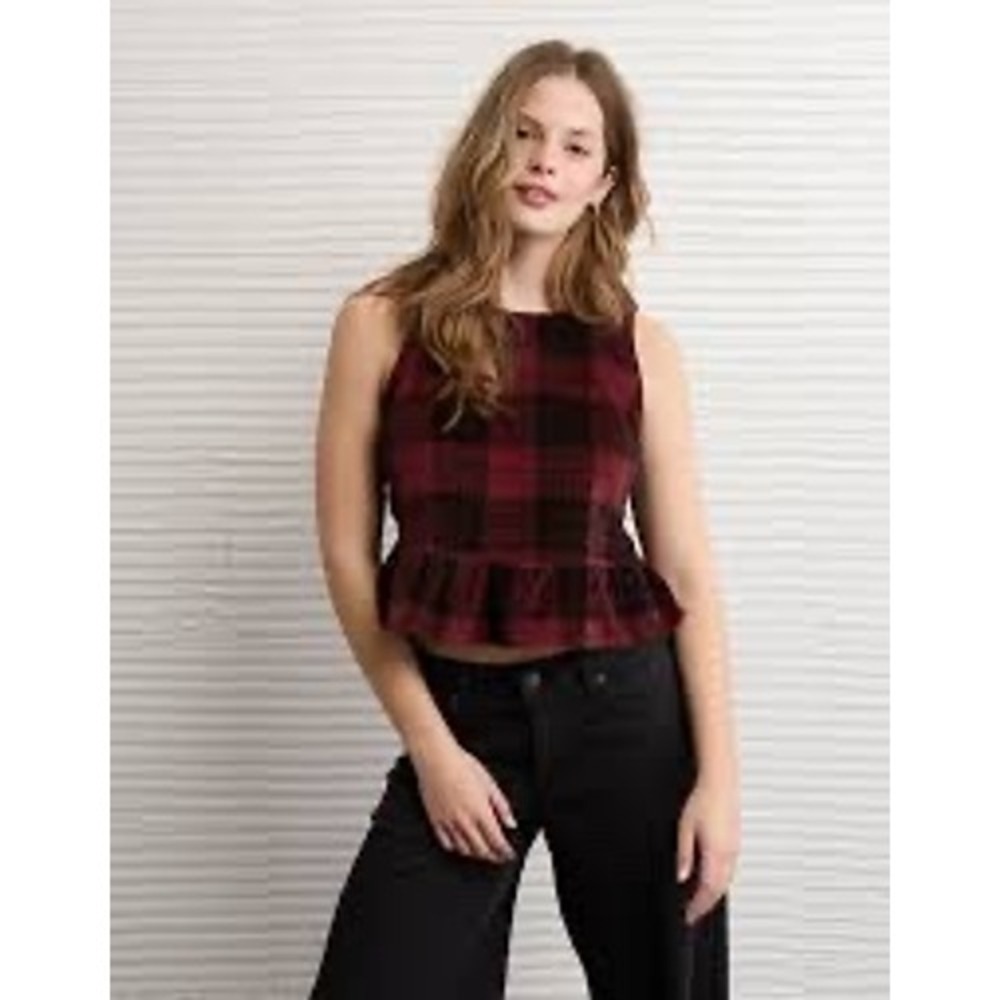American Eagle Womens Red Black Buffalo Plaid Corduroy Tie Back Top L MSRP $54